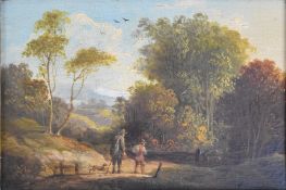 Oil on panel landscape two figures and a dog walking with trees beyond, 10.5 x 15.5cm, in gilt frame