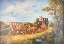 Oil on canvas full post or similar stagecoach at speed being pulled by four horses, with steam train