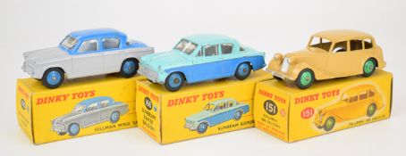 Three Dinky Toys diecast model saloon cars comprising Triumph 1800 151, Sunbeam Rapier 166 and