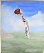 Terence Burke Collection oil on board study of a Gloster Meteor aeroplane in flight, unsigned but by