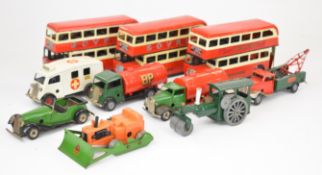 Ten Tri-ang Minic clockwork tinplate vehicles to include Ambulance, Double Deck Bus, Steam Roller