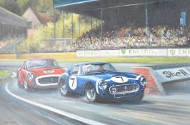 Dion Pears (1929-1985) oil on canvas Stirling Moss and Rob Parkes in their Ferrari racing cars at