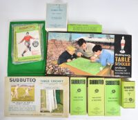 A collection of vintage Subbuteo related items comprising football and cricket teams, cloth,