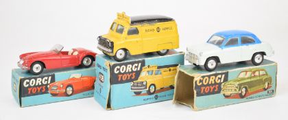 Three Corgi Toys diecast model cars comprising Morris Cowley Saloon, 202, MGA Sports 302 and Bedford