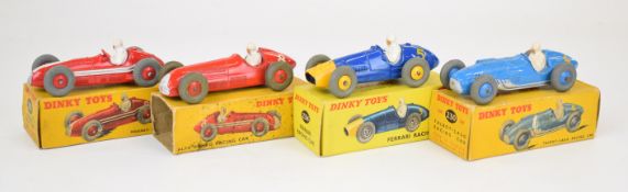 Four Dinky Toys diecast model racing cars comprising Talbot-Lago 230, Maserati 231, Alfa Romeo 232