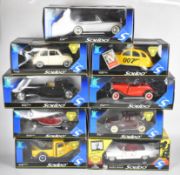 Nine Solido 1:18 scale diecast model cars to include Ford Cabriolet, Renault 4 CV, Fiat 500, Bugatti