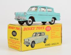 Dinky Toys diecast model Ford Anglia with turquoise body, silver grill, red interior and silver