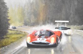 Dion Pears (1929-1985) oil on canvas Chaparral and Ferrari racing cars being followed by a Ford at