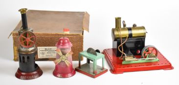 Boxed Josef Falk live steam stationary engine with windmill and saw bench, in original box, together