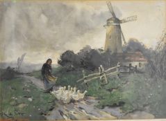 Geoffrey Strahan (1839-1916) watercolour of a windswept lady herding a flock of geese before a