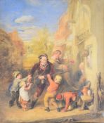 Attributed to Thomas Webster RA (1800-1886), watercolour busy street scene, 34 x 29.5cm, in gilt