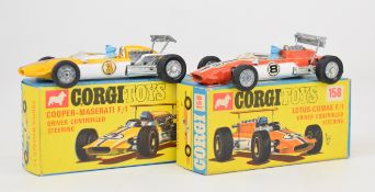 Two Corgi Toys diecast model racing cars comprising Lotus Climax F1 158 and Cooper-Maserati F1