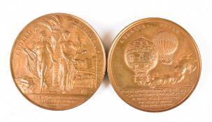 1783 French copper medallion commemorating the first balloon flight together with a similar 1731