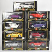Nine Bburago 'Diamonds' 1:18 scale diecast model sports cars to include Jaguar SS 100. Porsche