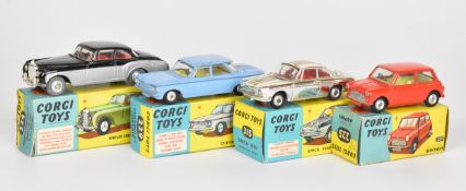Four Corgi Toys diecast model cars comprising Simca '1000' Competition Model 315, Chevrolet