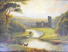 19th or early 20th century oil on canvas river landscape with ruined abbey, signed lower left