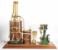 Stuart No 4 or similar live steam plant comprising engine with 11cm spoked flywheel, Stephenson's
