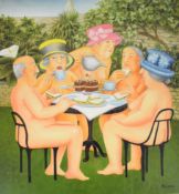 Beryl Cook (1926-2008) signed print Tea In The Garden, 59 x 47cm, in stained wood frame