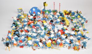 Ninety four Peyo Schleich Smurf figures including cyclist, golfer, tennis player, guitarist,