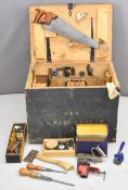 19th / 20thC twin handled painted pine fitted tool chest and contents including a boxed Record 044