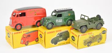 Three Dinky Toys diecast model vans and jeep comprising Royal Mail 260, Telephone Service 261 and