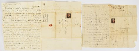 Two 1d black covers 1840, both four margins red Maltese Cross, to the same address in Cheshunt,