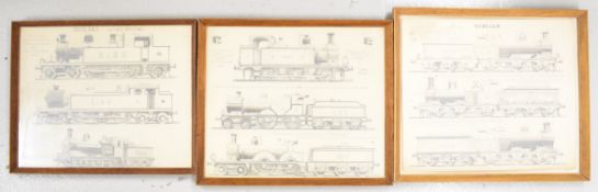 Three Kenneth A Werrett pencil drawings of Midland Railway steam locomotives, each of the three