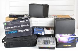A collection of home studio and similar music equipment to include Alesis Elevate 3 speakers, Keylab