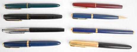Seven fountain pens comprising Parker Slimfold, Parker Victory, Parker 51, Parker Duofold, Parker 17