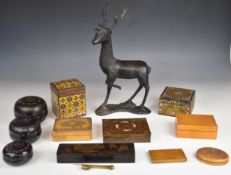 Bronze figure of a stag, Japanese and Indian lacquer and metal boxes, treen boxes etc., tallest