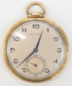 Hamilton Art Deco gold plated keyless winding open faced pocket watch with inset subsidiary