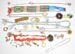 A collection of jewellery including silver earrings, coral necklace, 9ct gold watch, four silver
