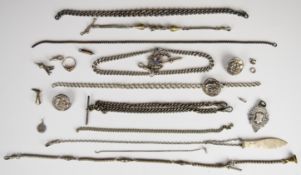 Three silver Alberts/ watch chains (148g), sections of silver watch chains, silver fob and three