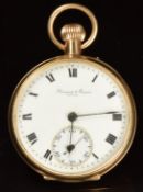 Pleasance & Harper's of Bristol 9ct gold keyless winding open faced pocket watch with inset