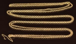 A c1900 15ct gold guard chain made up of circular ridged links, 25.5g, 142cm (no clasp)