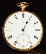 Alfred Dale Llanelly 18ct gold open faced pocket watch with subsidiary seconds dial, blued hands,