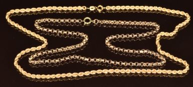 A 9ct gold rope twist necklace and a c1900 9ct rose gold necklace made up of faceted circular
