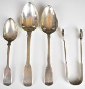 Georgian and later fiddle pattern cutlery comprising two table spoons, dessert spoon and a pair of
