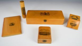 Five pieces of Mauchlineware comprising Exeter glove box, Pier and Royal Hotel Lowestoft coal