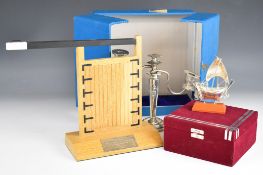 Cased silver candelabra, likely Indian or similar, cased silver model of a junk or similar boat