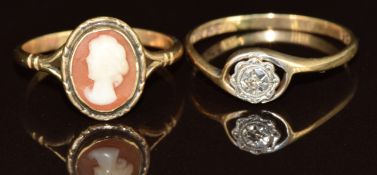 Two 9ct gold rings, one set with a diamond in platinum setting and the other set with a cameo,