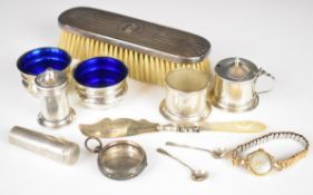 Hallmarked silver items comprising three piece cruet set with clear glass liners, pair of open salts