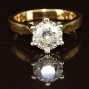 An 18ct gold ring set with a round brilliant cut diamond of approximately 1ct, 6.2g, size N