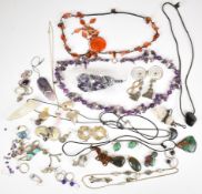 A collection of agate and silver jewellery including tourmaline earrings, filigree earrings, seven