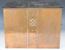 Arts & Crafts riveted copper coal / wood box with twin wrought iron handles and metal lift out