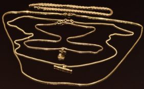 Four 9ct gold chains, 9ct gold pendant in the form of a pear and a T bar pendant, 19.1g