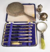 Hallmarked silver items comprising pepper and mustard, hand mirror, set of six silver handled