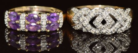 Two 9ct gold ring, one set with amethysts and diamonds and the other diamonds, 5.8g, size R & U