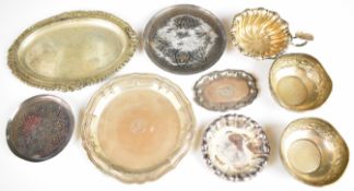 Continental and world silver dishes and bowls to include two niello decorated examples, indistinctly