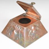 Newlyn Arts & Crafts canted copper inkwell with hinged and riveted lid and octopus decoration in